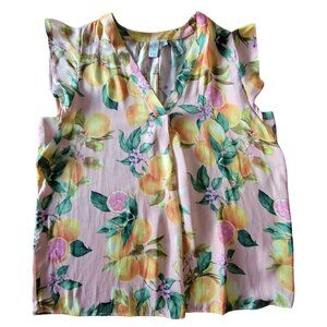Joie Womens Large Sleeveless Lemon Print Blouse With Flutter Sleeves V-Neckline
